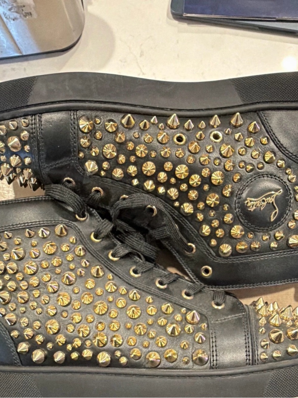 Christian Louboutin Black Leather Sneakers with Gold Studs